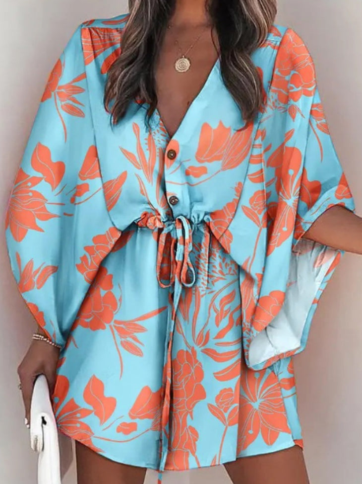 Olivia Bennet | Original Loose Floral Printed Contrast Color Tied Mini Shirt Dress