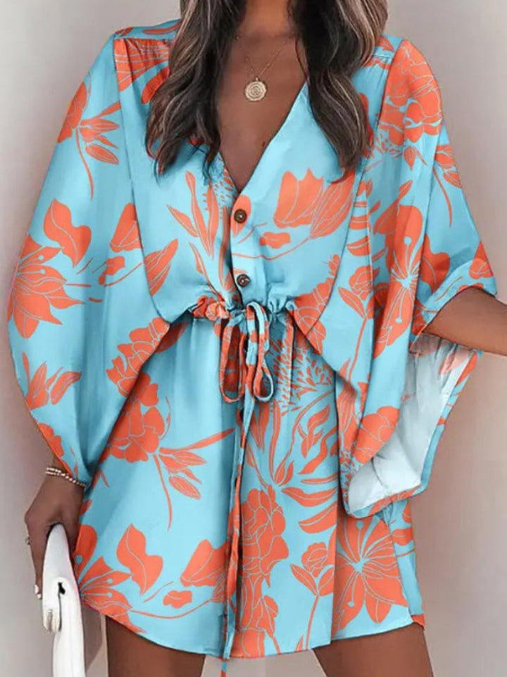 Olivia Bennet | Original Loose Floral Printed Contrast Color Tied Mini Shirt Dress