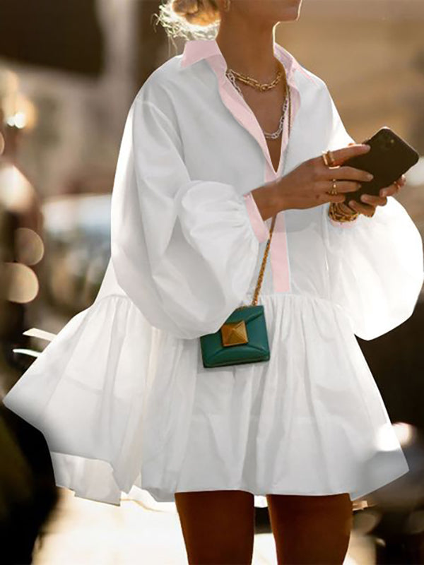 Olivia Bennet | A-Line Long Sleeves Buttoned Contrast Color Pleated Lapel Mini Dresses Shirt Dress