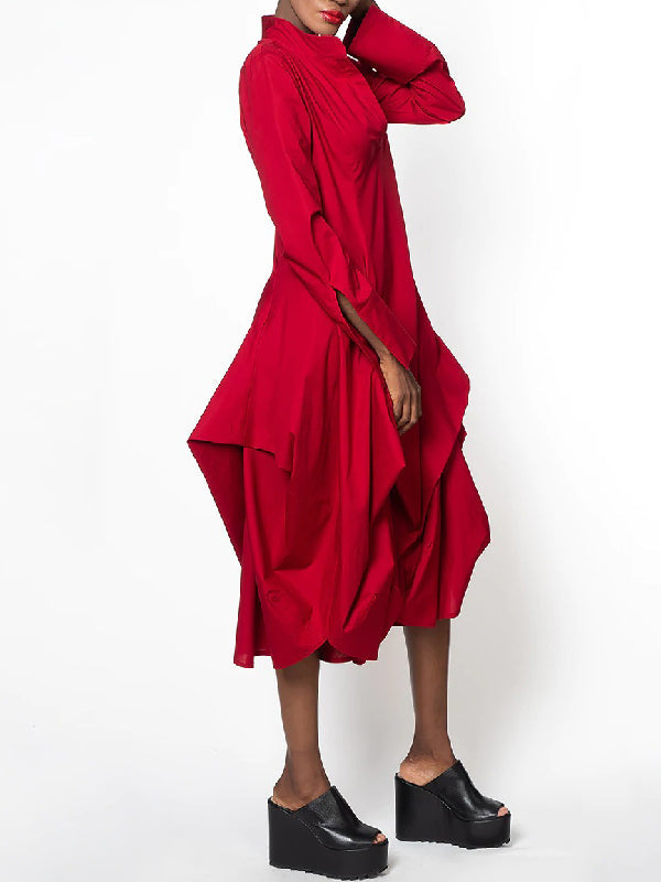 Olivia Bennet | Stylish Loose Stand-Collar Long Sleeves Midi Dress