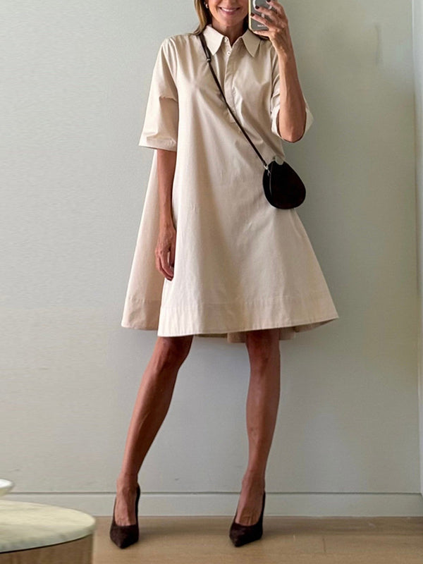 Olivia Bennet | A-Line Short Sleeves Solid Color Split-Joint Lapel Mini Dresses Shirt Dress