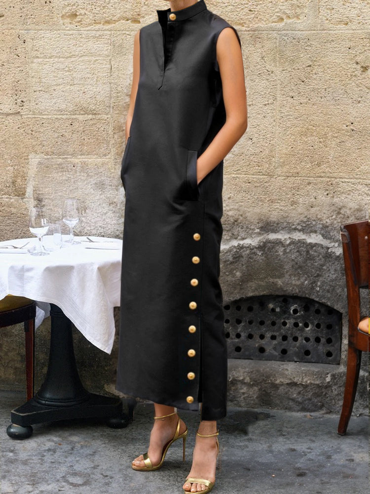 Olivia Bennet | Sleeveless Buttoned Solid Color Split-side Stand Collar Maxi Dresses Shirt Dress