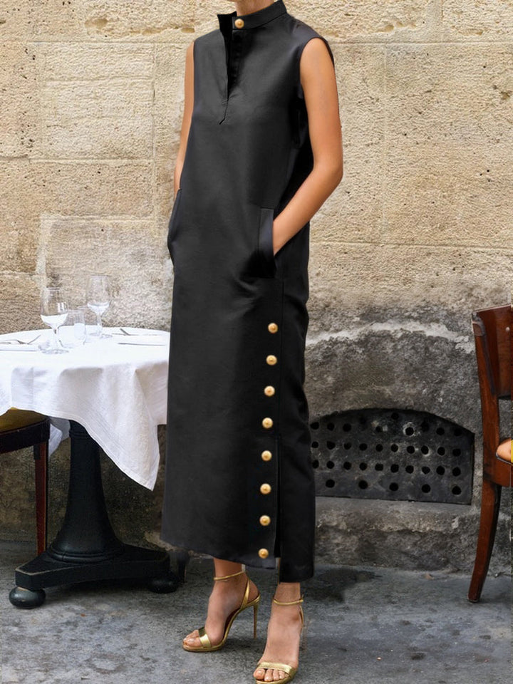 Olivia Bennet | Sleeveless Buttoned Solid Color Split-side Stand Collar Maxi Dresses Shirt Dress