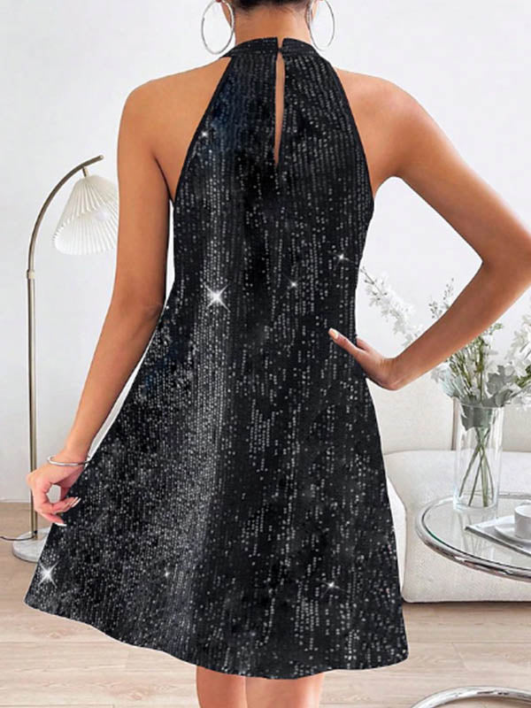 Olivia Bennet | A-Line Loose Hollow Sequined Solid Color Halter-Neck Mini Dresses