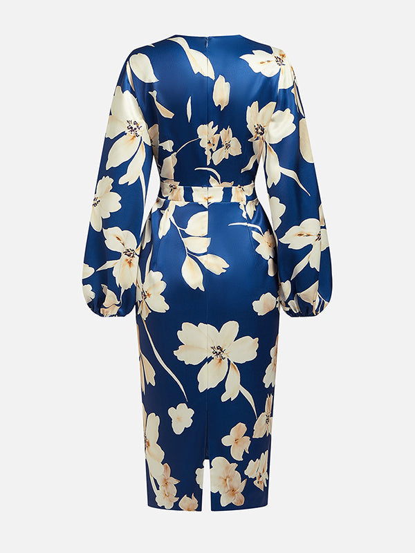 Olivia Bennet | Loose Puff Sleeves Floral Printed Pleated Split-Joint V-Neck Midi Dresses
