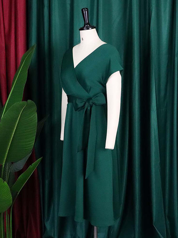 Olivia Bennet | Bowknot Lace-Up Solid Color V-Neck Midi Dresses