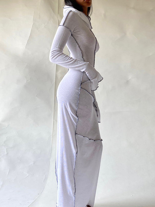Olivia Bennet | Long Sleeves Plus Size Solid Color Split-Joint Hooded Maxi Dresses