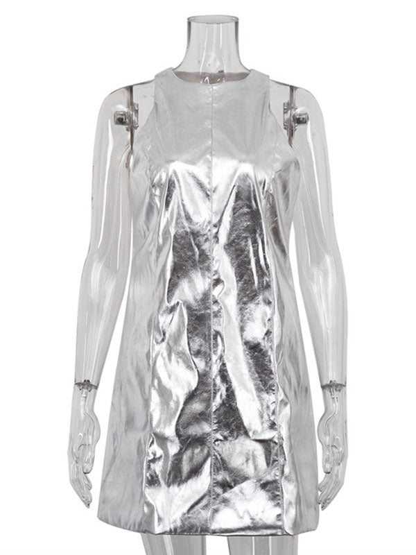 Olivia Bennet | A-line Loose Shiny Solid Color Zipper Round-neck Mini Dresses