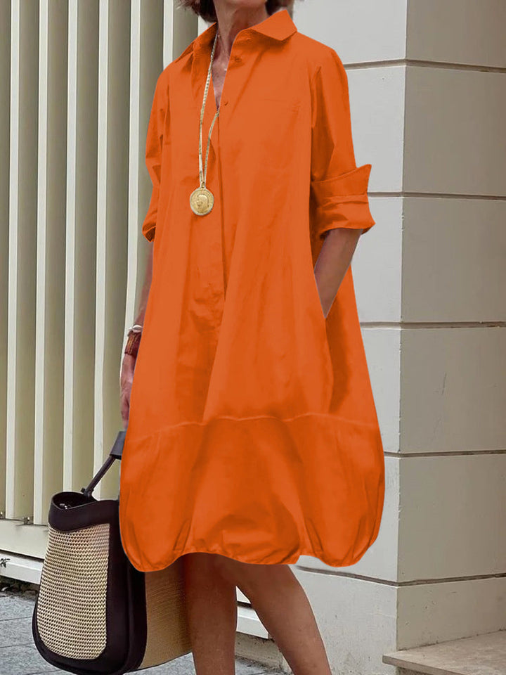 Olivia Bennet | Long Sleeves Loose Solid Color Lapel Collar Midi Dresses Shirt Dress