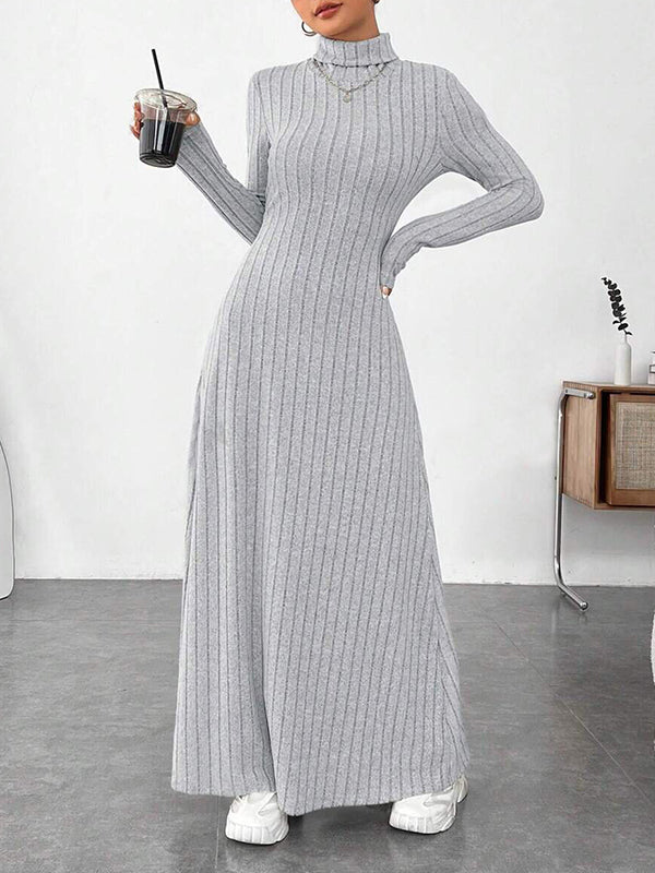 Olivia Bennet | Long Sleeves Pleated Solid Color Split-Joint High Neck Maxi Dresses