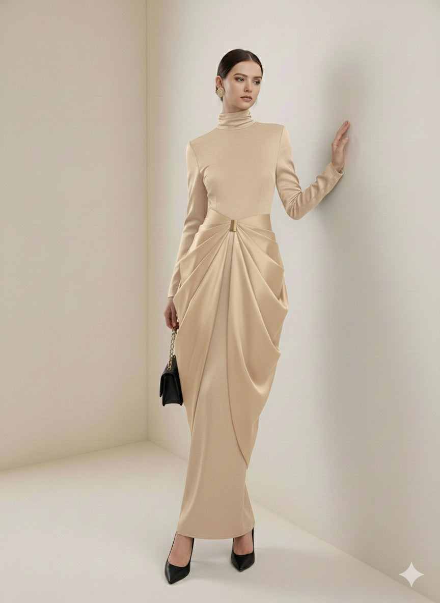 Olivia Bennet | Long Sleeves Buckle Draped High-Neck Evening Dresses Maxi Dresses