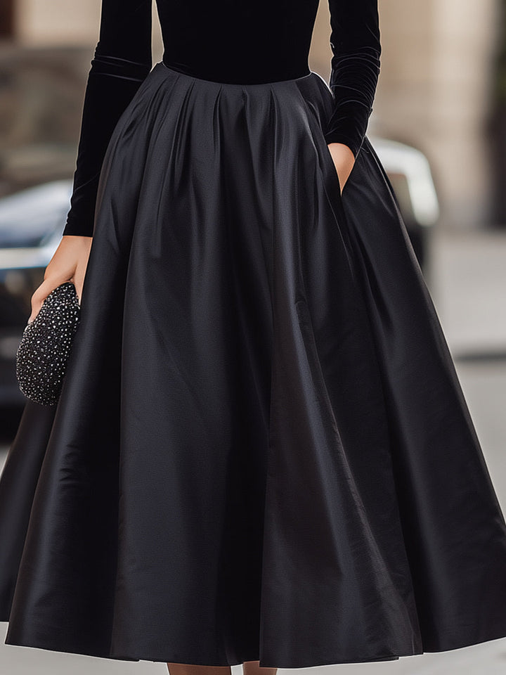 Olivia Bennet | Elegant Black Velvet And Satin Midi Dress