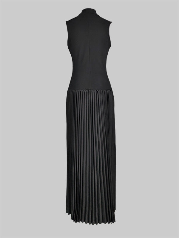 Olivia Bennet | Bodycon Sleeveless Hollow Pleated Solid Color Split-Joint Mock Neck Maxi Dresses