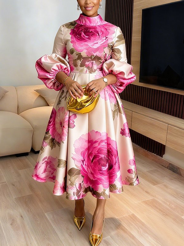 Olivia Bennet | A-Line Long Sleeves Elasticity Flower Print Pleated Mock Neck Maxi Dresses