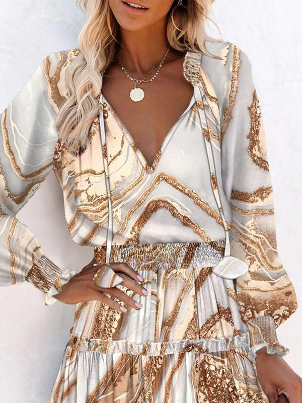 Olivia Bennet | A-Line Long Sleeves Contrast Color Pleated Split-Joint Tied V-Neck Mini Dresses