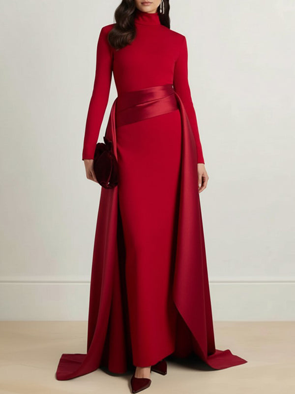 Olivia Bennet | Bodycon Elasticated Waist Asymmetric Solid Color Split-Joint High Neck Maxi Dresses