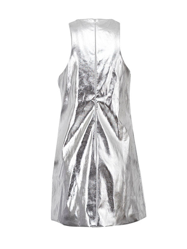 Olivia Bennet | A-line Loose Shiny Solid Color Zipper Round-neck Mini Dresses