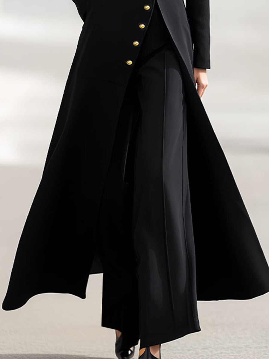 Olivia Bennet | High Waisted Long Sleeves Buttoned Solid Color Split-Front Round-Neck Midi Dresses
