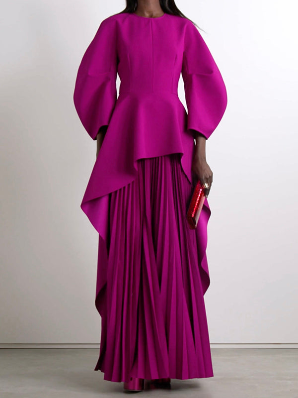 Olivia Bennet | Long Sleeves Loose Pleated Solid Color Split-Joint Tiered Round-Neck Maxi Dresses