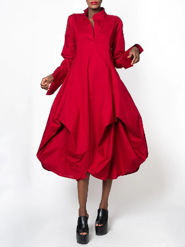 Olivia Bennet | Stylish Loose Stand-Collar Long Sleeves Midi Dress