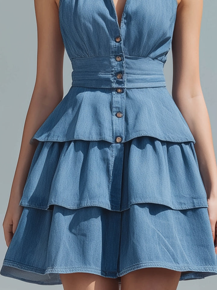 Olivia Bennet | Indigo Halter Neck Tiered Ruffle Denim Mini Dress