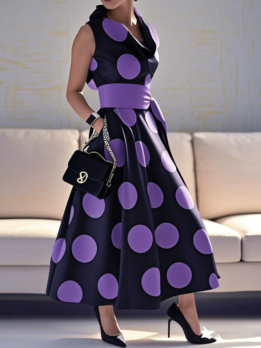 Olivia Bennet | A-Line Loose Pockets Polka-Dot Split-Joint Tied Waist Lapel Maxi Dresses Shirt Dress