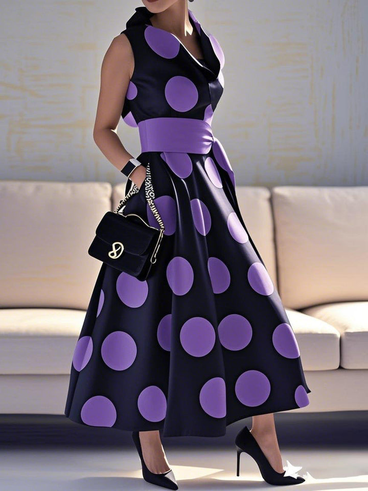 Olivia Bennet | A-Line Loose Pockets Polka-Dot Split-Joint Tied Waist Lapel Maxi Dresses Shirt Dress
