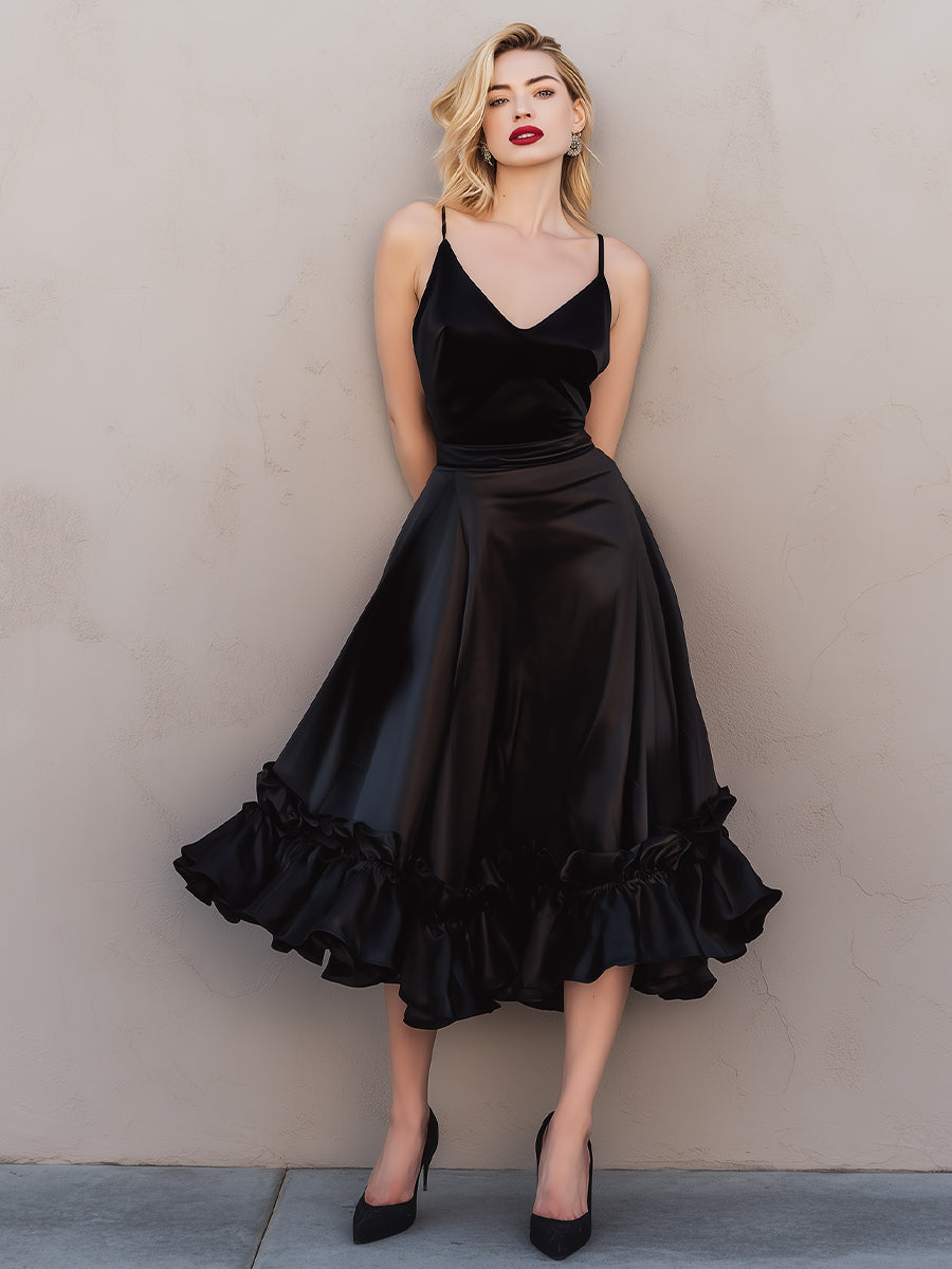 Olivia Bennet | Champagne Ruffled Hem Spaghetti-Strap Satin Midi Dress