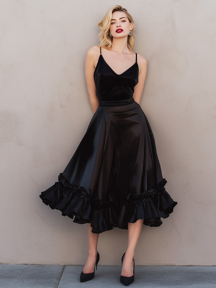 Olivia Bennet | Champagne Ruffled Hem Spaghetti-Strap Satin Midi Dress