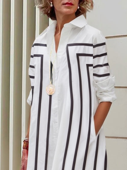 Olivia Bennet | Half Sleeves Loose Buttoned Striped Lapel Midi Dresses Shirt Dress