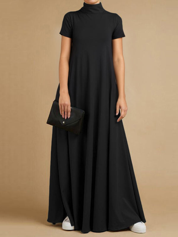 Olivia Bennet | Loose Short Sleeves Solid Color Stand Collar Maxi Dresses