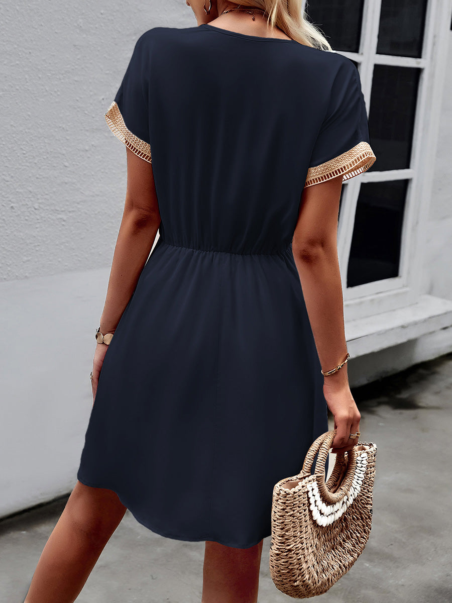 Olivia Bennet | A-Line Elasticated Waist Contrast Color Drawstring Hollow Split-Joint Tasseled Tied V-Neck Mini Dresses