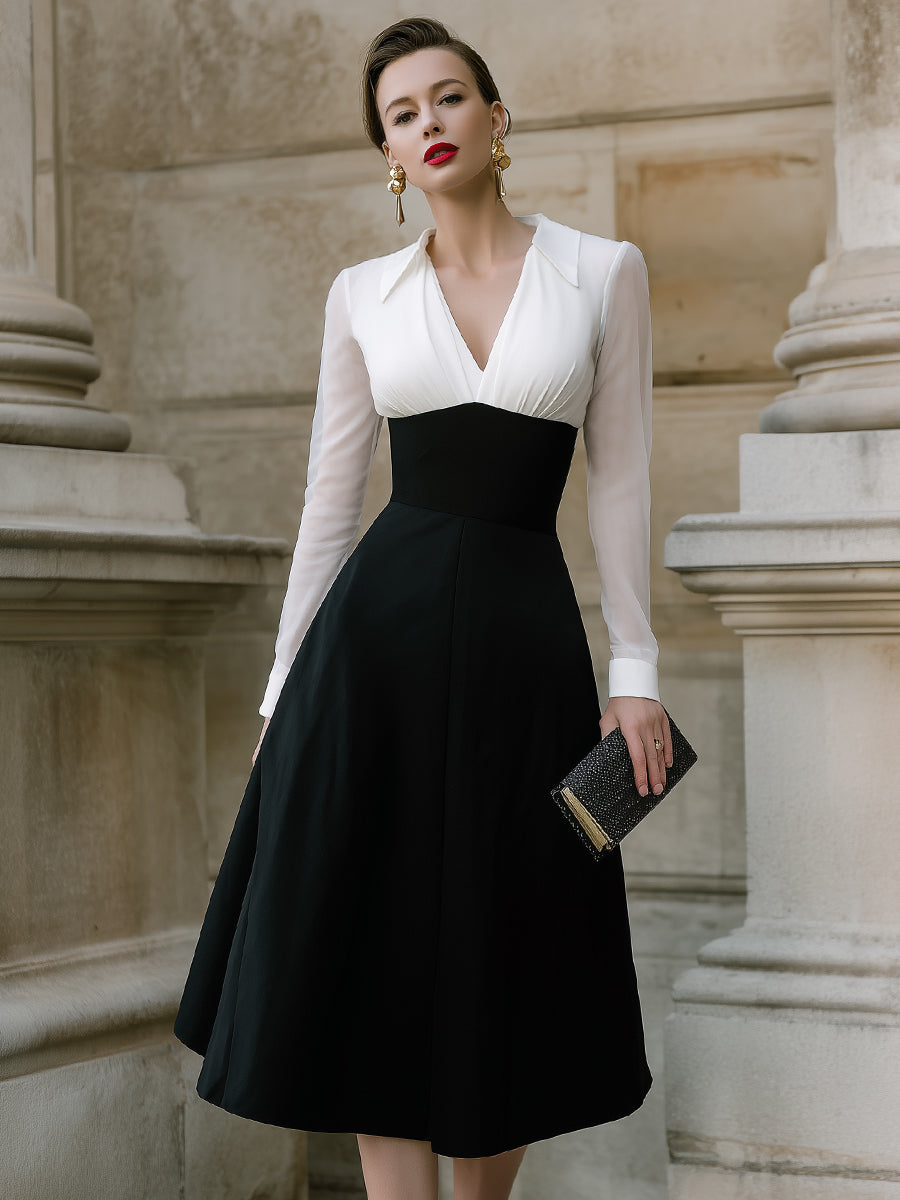 Olivia Bennet | Contrast Bodice, Sheer-Sleeve Mixed-Fabric A-Line Midi Dress