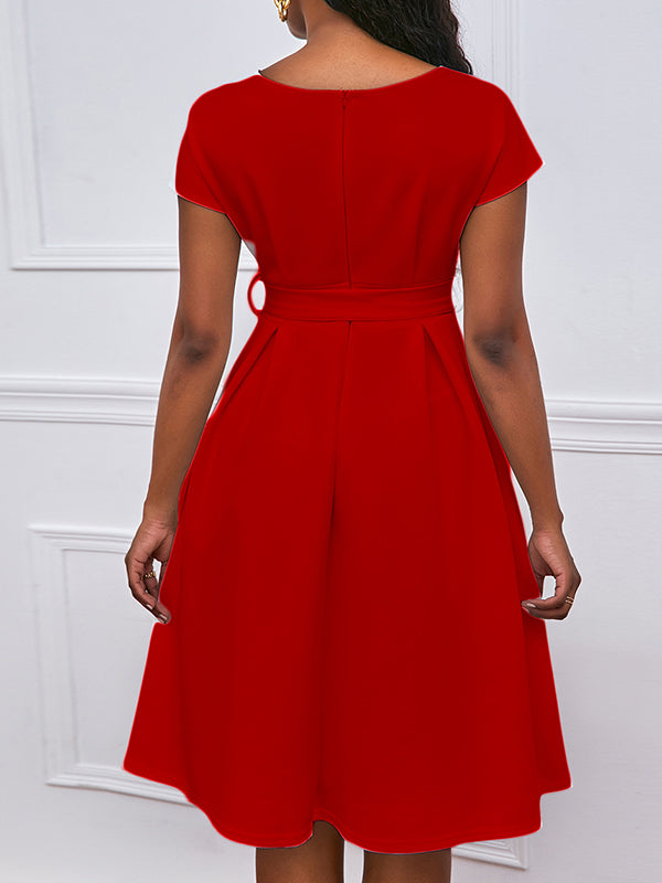 Olivia Bennet | Bowknot Lace-Up Solid Color V-Neck Midi Dresses