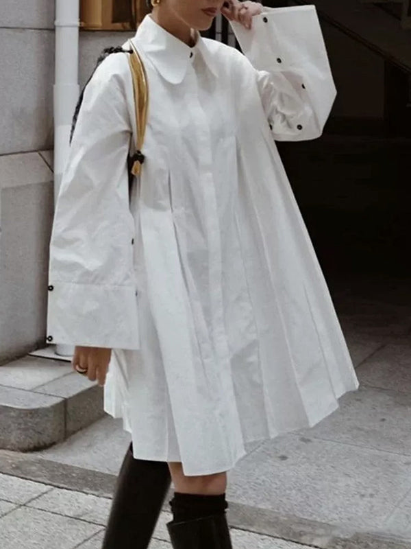 Olivia Bennet | Long Sleeves Buttoned Pleated Solid Color Lapel Midi Dresses Shirt Dress