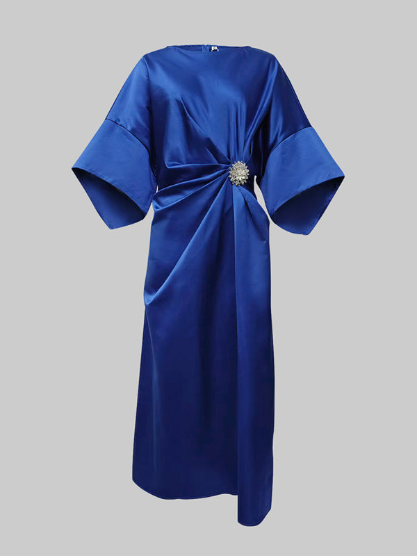 Olivia Bennet | Loose Three-Quarter Sleeves Asymmetric Pleated Split-Joint Round-Neck Maxi Dresses
