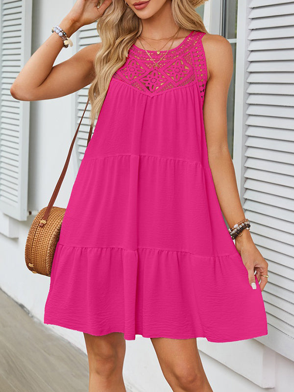 Olivia Bennet | A-Line Loose Hollow Pleated Solid Color Split-Joint Round-Neck Mini Dresses