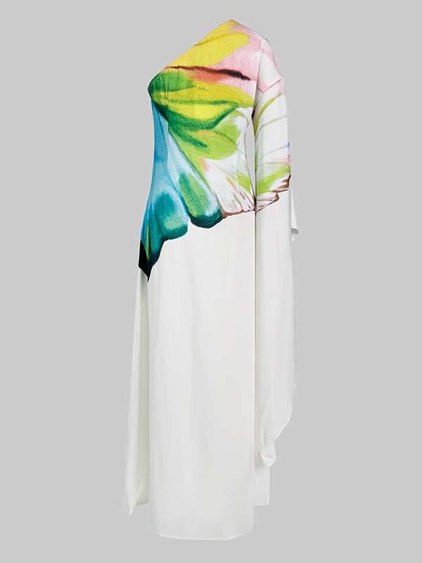 Olivia Bennet | Long Sleeves Loose Asymmetric Flower Print One-Shoulder Maxi Dresses