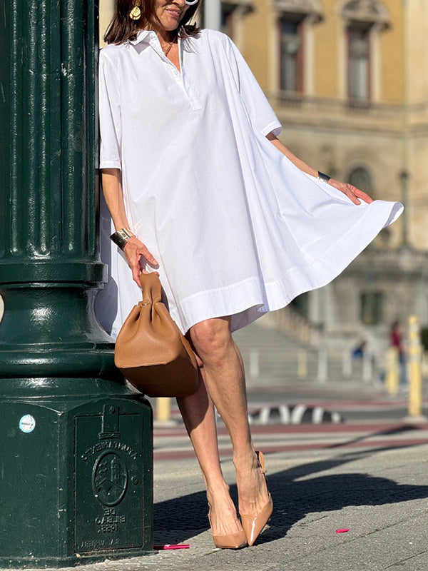 Olivia Bennet | A-Line Short Sleeves Solid Color Split-Joint Lapel Mini Dresses Shirt Dress