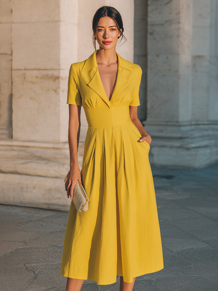 Olivia Bennet | Ivory Collared, Structured-Waist Cotton Midi Dress