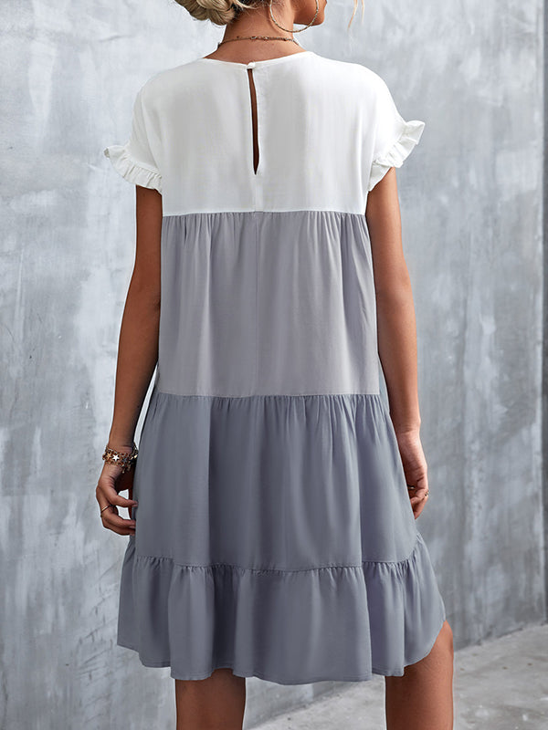 Olivia Bennet | Loose Ruffle Sleeves Contrast Color Falbala Pleated Split-Joint Round-Neck Mini Dresses