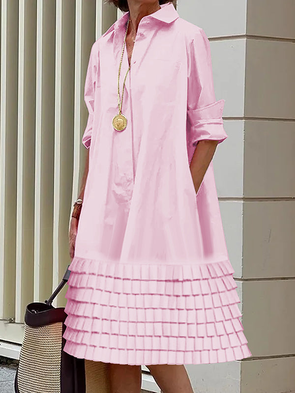 Olivia Bennet | A-Line Long Sleeves Layered Pleated Pockets Solid Color Split-Joint Lapel Midi Dresses Shirt Dress