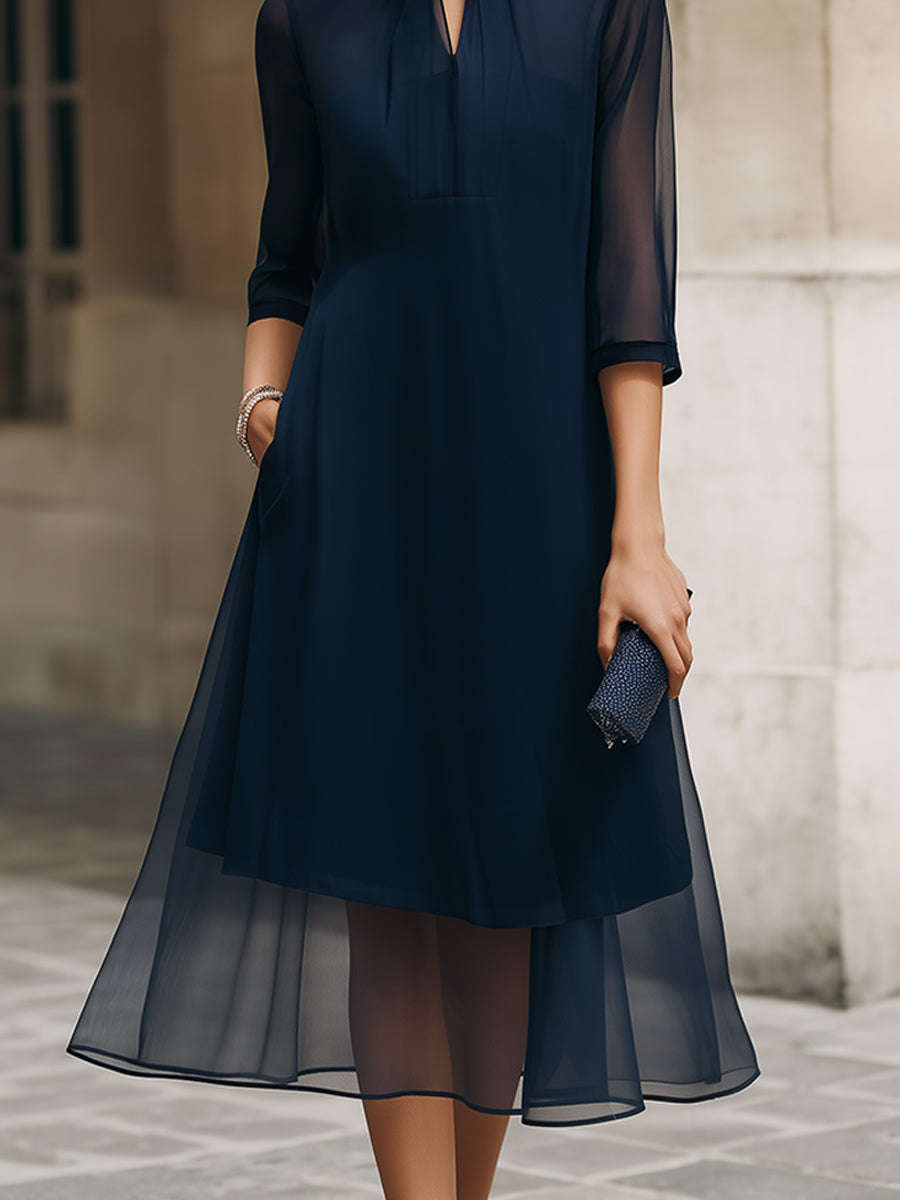 Olivia Bennet | Mandarin Collar Sheer Overlay Midi Dress