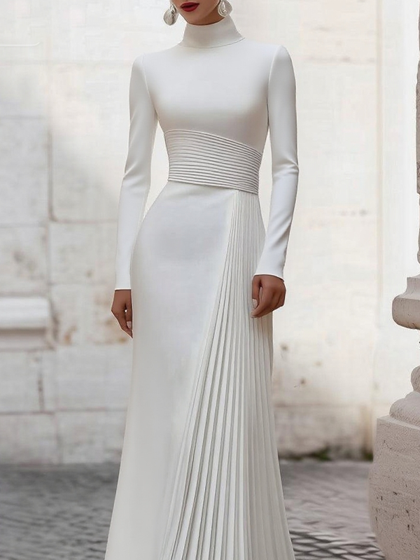 Olivia Bennet | High Waisted Long Sleeves Pleated Solid Color Split-Joint Zipper Mock Neck Maxi Dresses