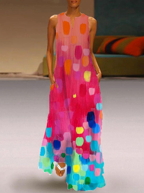 Olivia Bennet | Loose Sleeveless Contrast Color Printed V-Neck Maxi Dresses