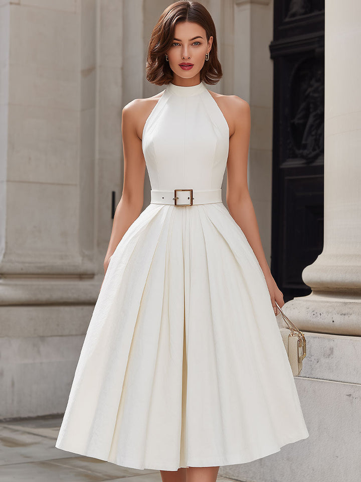 Olivia Bennet | Ivory Halter-Neck Pleated Midi Dress