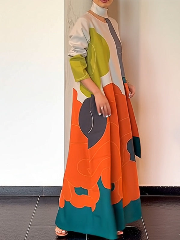 Olivia Bennet | Long Sleeves Loose Printed Split-Joint Round-Neck Maxi Dresses
