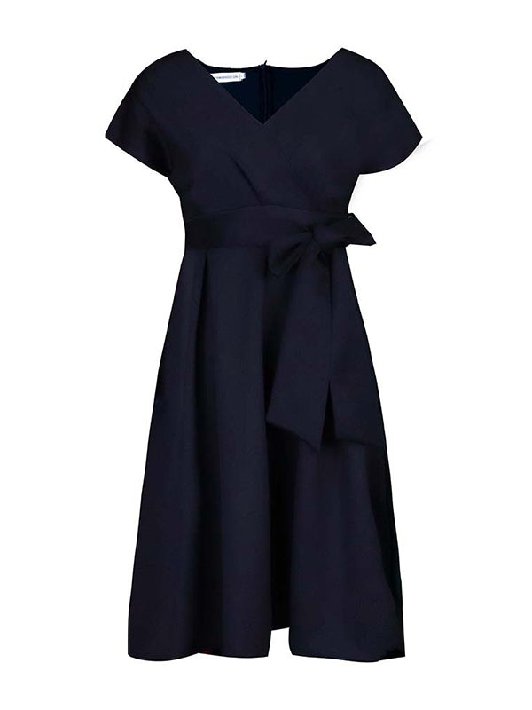 Olivia Bennet | Bowknot Lace-Up Solid Color V-Neck Midi Dresses