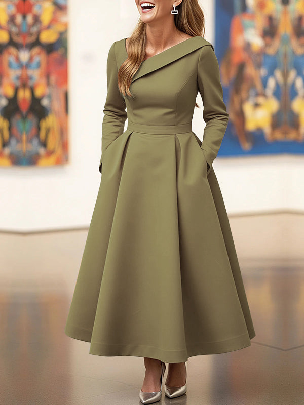Olivia Bennet | A-Line High Waisted Pleated Pockets Solid Color V-Neck Maxi Dresses