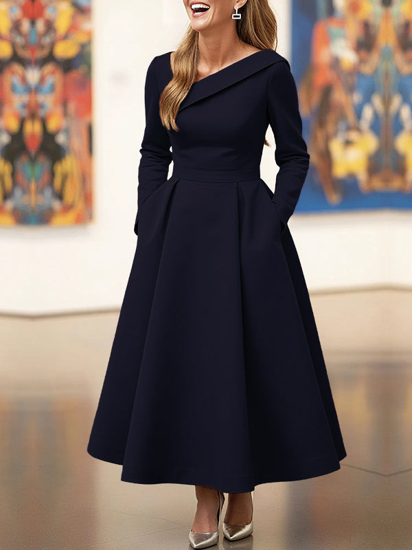 Olivia Bennet | A-Line High Waisted Pleated Pockets Solid Color V-Neck Maxi Dresses